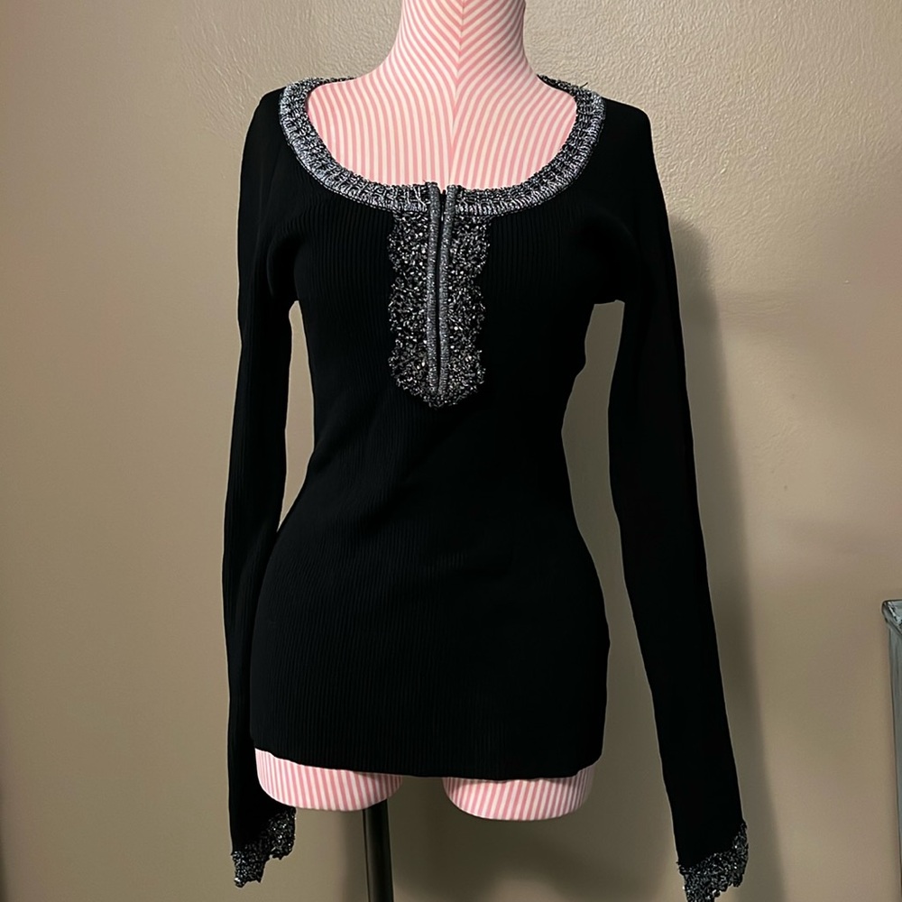 Vintage NWT Cache black long sleeve blouse silver metallic quarter zip - L